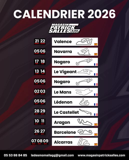 Calendrier 2026 des journées de roulage sur piste proposées par les Magasins Patrick Salles